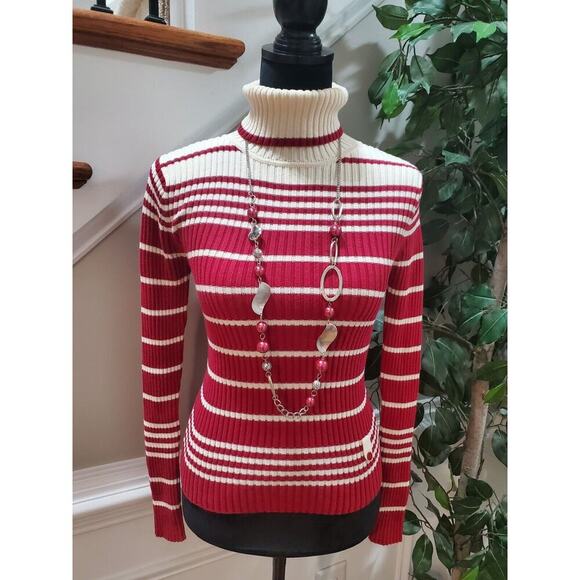Loft Women's Red & Cream Cotton Turtle Neck Long Sleeve Pullover Knit Sweater XS - Picture 10 of 10